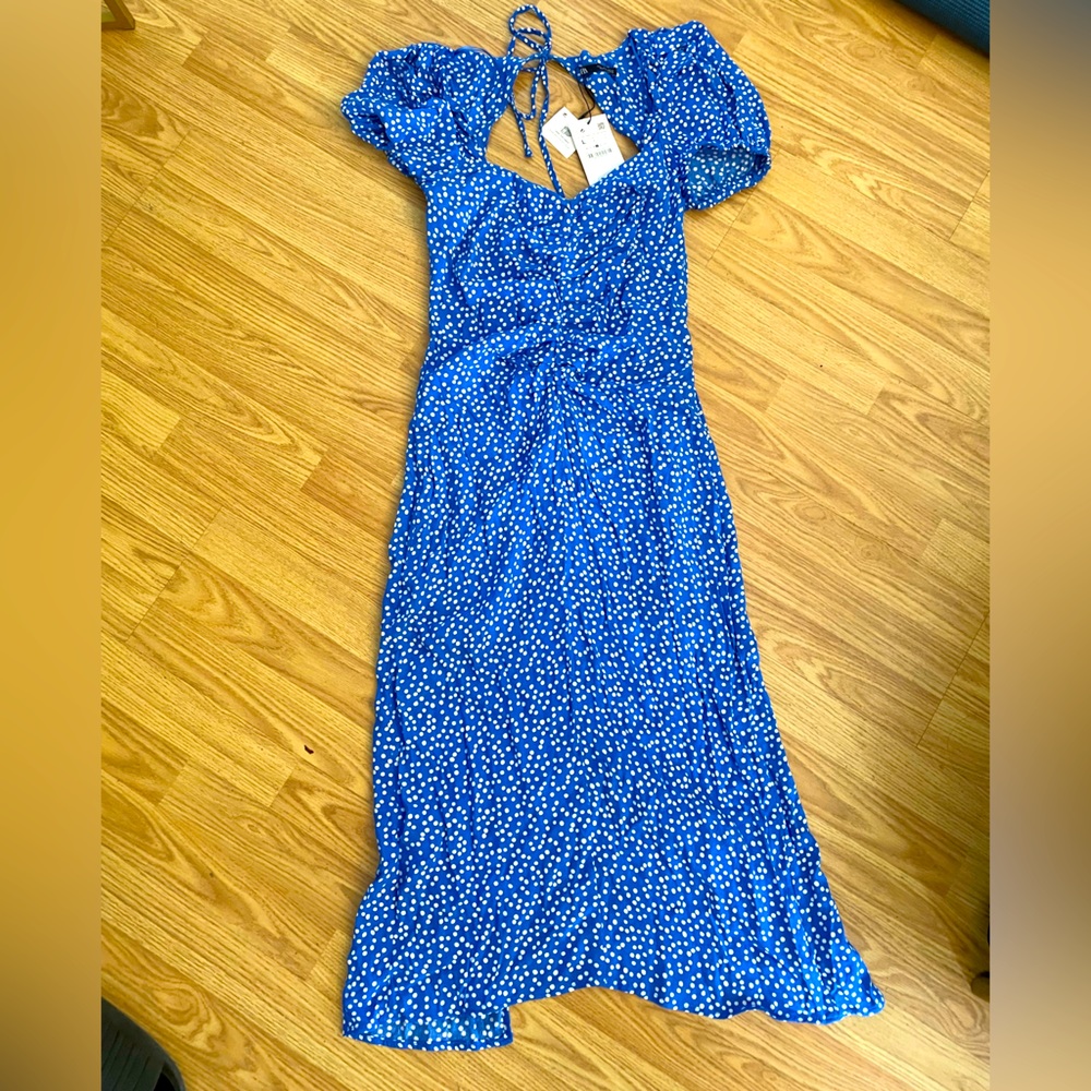 NWT- ZARA - Women’s blue, long dress with back slit. Sz L